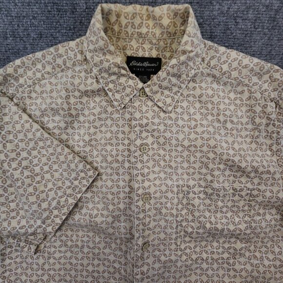 Eddie Bauer Men's Small Linen Blend Beige Short Sleeve Button Up Shirt Geometric - Picture 1 of 8